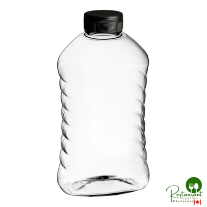 22 oz. (32 oz. Honey Weight) Ribbed Hourglass PET Honey Bottle with Heat Induction Seal Liner Black Plastic Flip Top Lid - 159/Case