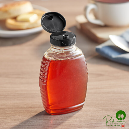 8 oz. (12 oz. Honey Weight) Queenline PET Honey Bottle with Heat Induction Seal Liner Black Plastic Flip Top Lid - 385/Case
