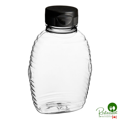 8 oz. (12 oz. Honey Weight) Queenline PET Honey Bottle with Heat Induction Seal Liner Black Plastic Flip Top Lid - 385/Case