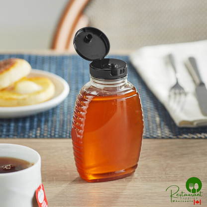 8 oz. (12 oz. Honey Weight) Queenline PET Honey Bottle with Pressure Sensitive Liner Black Plastic Flip Top Lid - 385/Case