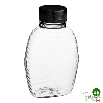 8 oz. (12 oz. Honey Weight) Queenline PET Honey Bottle with Pressure Sensitive Liner Black Plastic Flip Top Lid - 385/Case