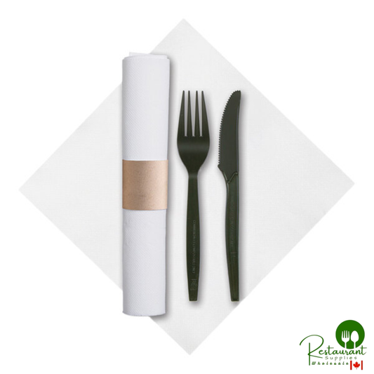 Hoffmaster CaterWrap 15 1/2" x 15 1/2" FashnPoint® Pre-Rolled White Napkin and 2-Piece Compostable Black CPLA Plastic Cutlery Set - 50/Case