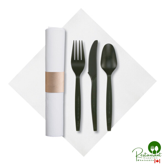 Hoffmaster CaterWrap 15 1/2" x 15 1/2" FashnPoint® Pre-Rolled White Napkin and 3-Piece Compostable Black CPLA Plastic Cutlery Set - 50/Case