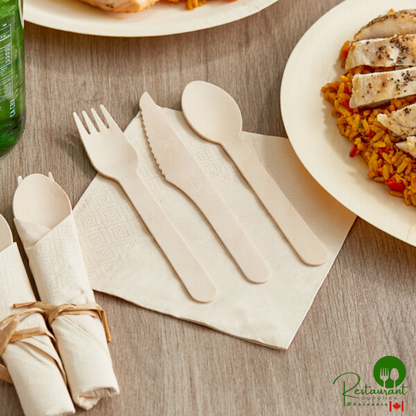 Hoffmaster CaterWrap 12" x 12" Pre-Rolled Natural Kraft Napkin and Wood Cutlery Set - 100/Case