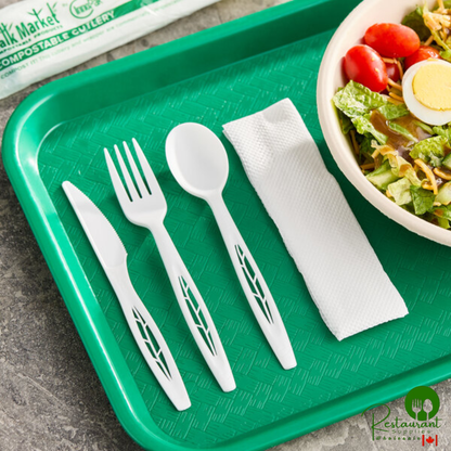 Stalk Market Wrapped Heavy Weight White CPLA Knife, Fork, Spoon, and Napkin 6 1/2" - 250/Case