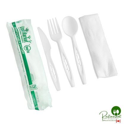 Stalk Market Wrapped Heavy Weight White CPLA Knife, Fork, Spoon, and Napkin 6 1/2" - 250/Case