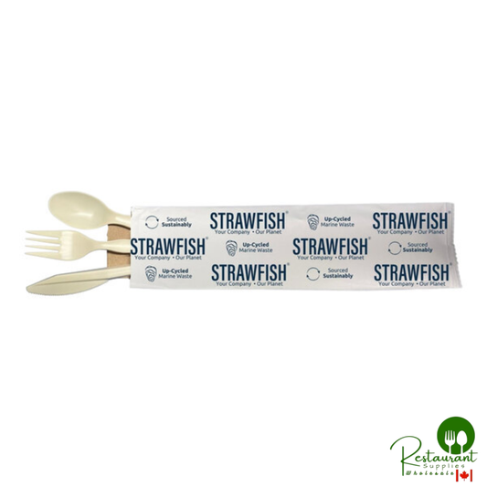 StrawFish 6" Up-Cycled Wrapped Natural Cutlery Set with Napkin - 250/Case