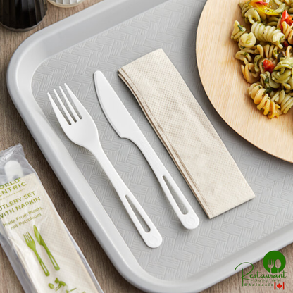 World Centric 6" Wrapped Compostable TPLA Fork and Knife Cutlery Pack with Napkin - 500/Case