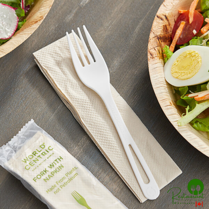World Centric 6" Wrapped Compostable TPLA Fork with Napkin - 500/Case