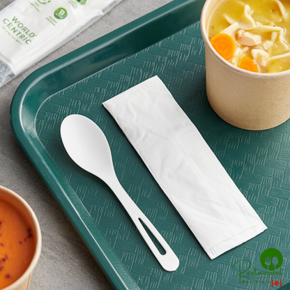 World Centric 6" Wrapped Compostable TPLA Spoon with Napkin - 500/Case