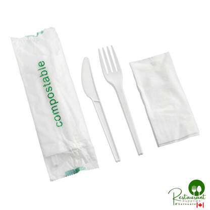 Wrapped Heavy Weight Compostable 6 1/2" White CPLA Knife, Fork, and Napkin By Prime - 250/Case