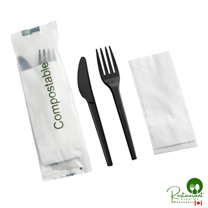 Wrapped Heavy Weight Compostable 6 1/2" White CPLA Knife, Fork, and Napkin By Prime - 250/Case