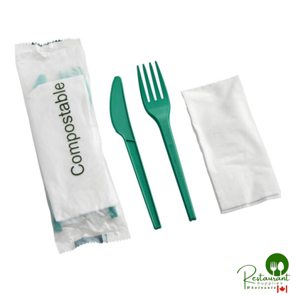 Wrapped Heavy Weight Compostable 6 1/2" White CPLA Knife, Fork, and Napkin By Prime - 250/Case