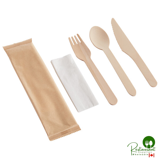6 1/4" Compostable Wrapped Wooden Cutlery Set with Napkin By Prime - 100/Pack