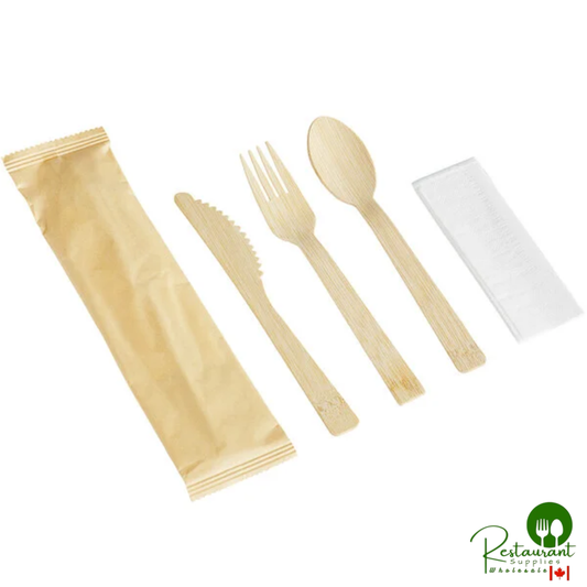 6 3/4" Compostable Wrapped Bamboo Cutlery Set with Napkin By Prime - 100/Pack