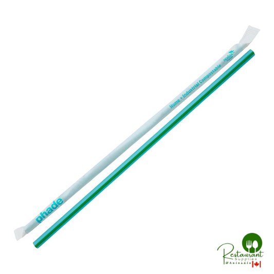 Phade 8 1/2" Super Jumbo Blue Wrapped Compostable Straw with Green Stripe - 1,200/Case