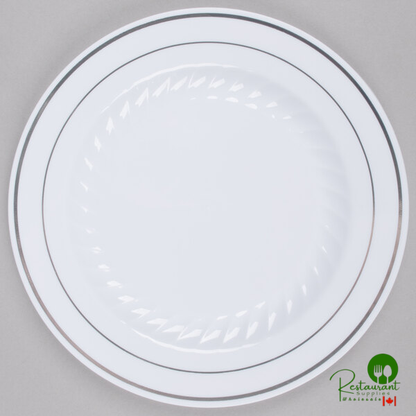 Fineline Silver Splendor 507-BO 7" Bone / Ivory Plastic Plate with Gold Bands - 150/Case