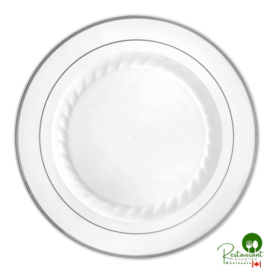 Fineline Silver Splendor 510-WH 10" White Plastic Plate with Silver Bands - 120/Case