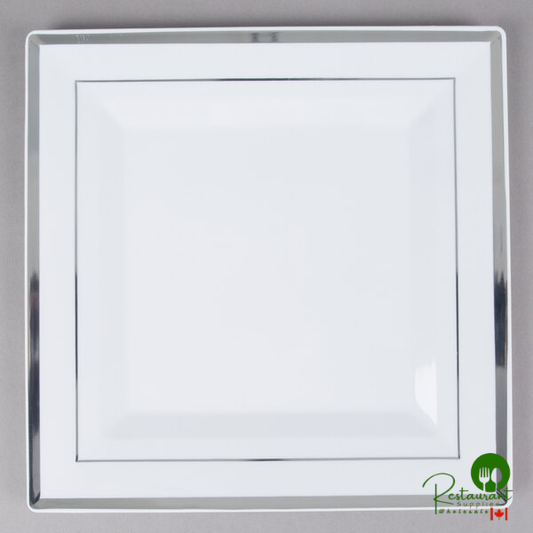 Fineline Silver Splendor 5510-WH 10" White Plastic Square Plate with Silver Bands - 120/Case