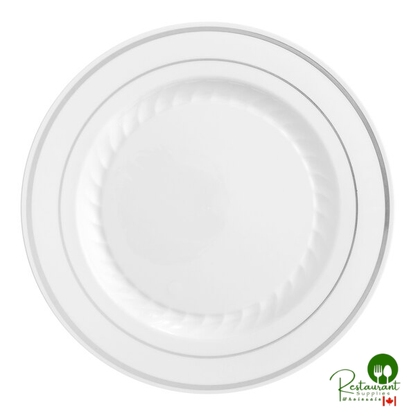 Fineline Silver Splendor 509-WH 9" White Plastic Plate with Silver Bands - 120/Case
