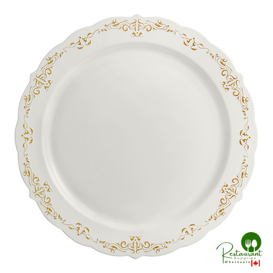 Fineline 5910-BOG Heritage 10" Round Bone / Ivory Plastic Plate with Gold Trim - 120/Case