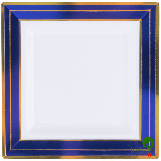 Fineline 5504-WH-BG Silver Splendor 4 1/2" Square White Plastic Plate with Blue Rim and Gold Bands - 120/Case