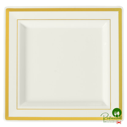 Fineline 5504-WH-BG Silver Splendor 4 1/2" Square White Plastic Plate with Blue Rim and Gold Bands - 120/Case | Canada