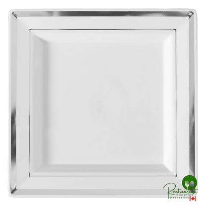 Fineline 5504-WH-BG Silver Splendor 4 1/2" Square White Plastic Plate with Blue Rim and Gold Bands - 120/Case | Canada