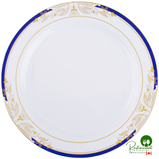 Fineline 4910-WHBG Signature Blu 10 1/4" White with Blue and Gold Rim Dinner Plate - 120/Case