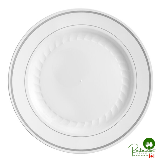 WNA Comet MP75WSLVR 7 1/2" White Masterpiece Plastic Plate with Silver Accent Bands - 150/Case