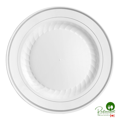 WNA Comet MP9WSLVR 9" White Masterpiece Plastic Plate with Silver Accent Bands - 120/Case