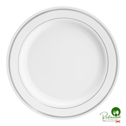 Halo 10" White Plastic Plate with Silver Bands By Prime - 120/Case