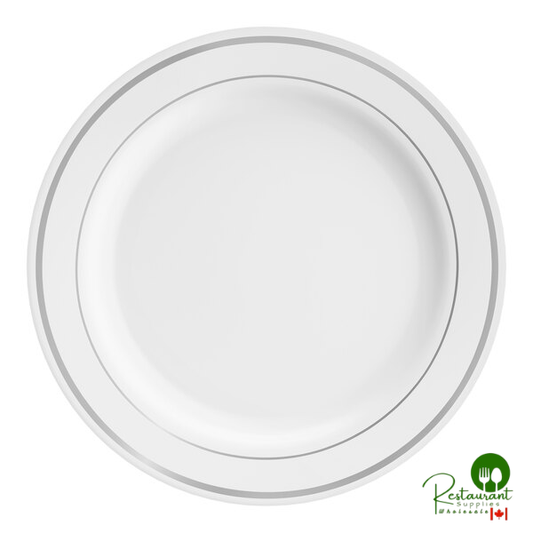 Halo 10" White Plastic Plate with Silver Bands By Prime - 120/Case