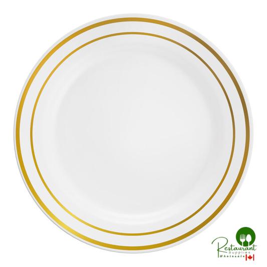 Halo 6" White Plastic Plate with Gold Bands By Prime - 150/Case