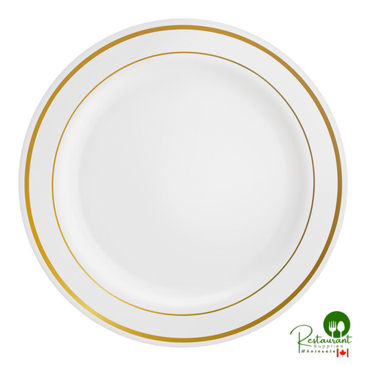 Halo 7" White Plastic Plate with Gold Bands By Prime - 150/Case