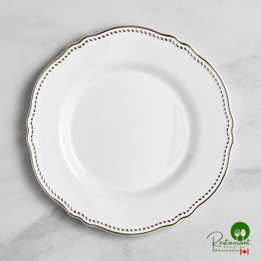 Heirloom 10" White Round Plastic Plate with Gold Vintage Rim By Prime - 120/Case