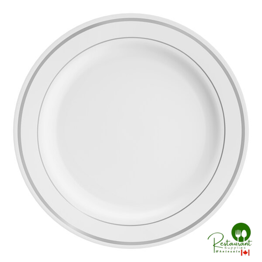 Halo 9" White Plastic Plate with Silver Bands By Prime - 120/Case