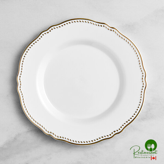 Heirloom 7 1/2" White Round Plastic Plate with Gold Vintage Rim By Prime - 120/Case