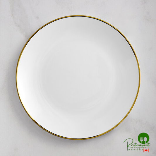 Coupe Dynasty 10" White Round Plastic Plate with Gold Band By Prime - 120/Case