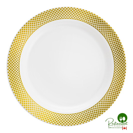 Lattice 6" White Plastic Plate with Gold Lattice Design By Prime - 150/Case