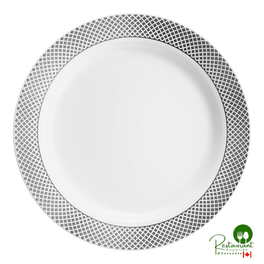 Lattice 9" White Plastic Plate with Silver Lattice Design By Prime - 120/Case