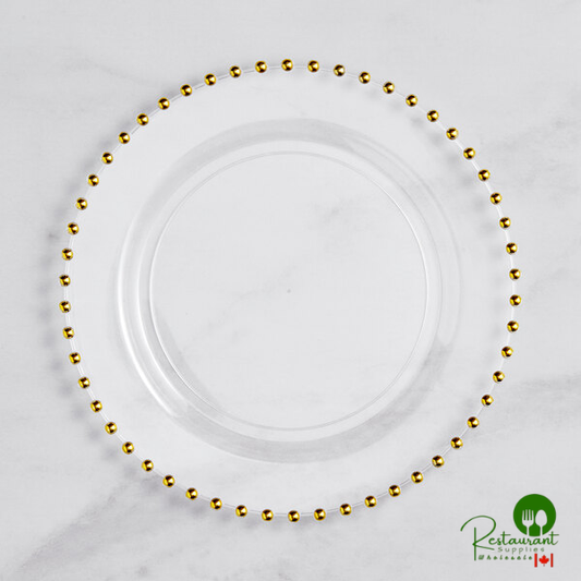 Beaded 10" Clear Round Plastic Plate with Gold Beaded Rim By Prime - 120/Case