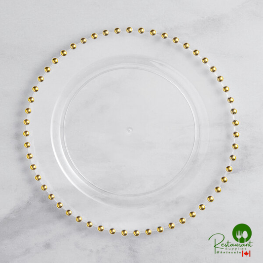 Beaded 7 1/2" Clear Round Plastic Plate with Gold Beaded Rim By Prime - 120/Case