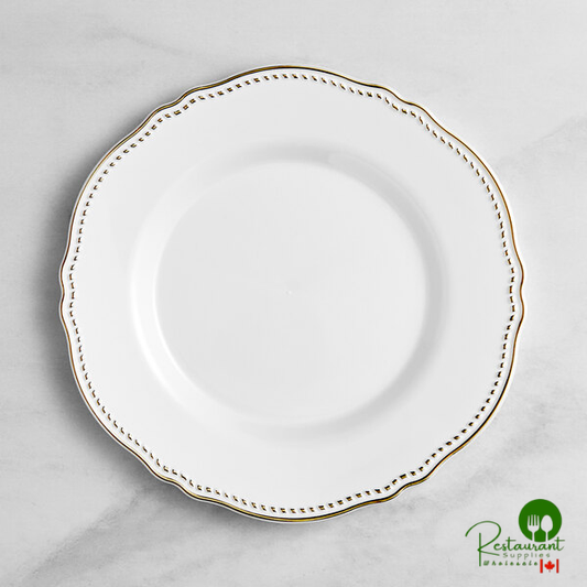 Heirloom 9" White Round Plastic Plate with Gold Vintage Rim By Prime - 120/Case
