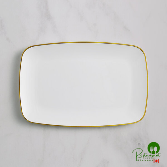 Coupe Dynasty 12 3/4" x 8 1/4" White Rectangular Plastic Platter with Gold Band By Prime - 120/Case