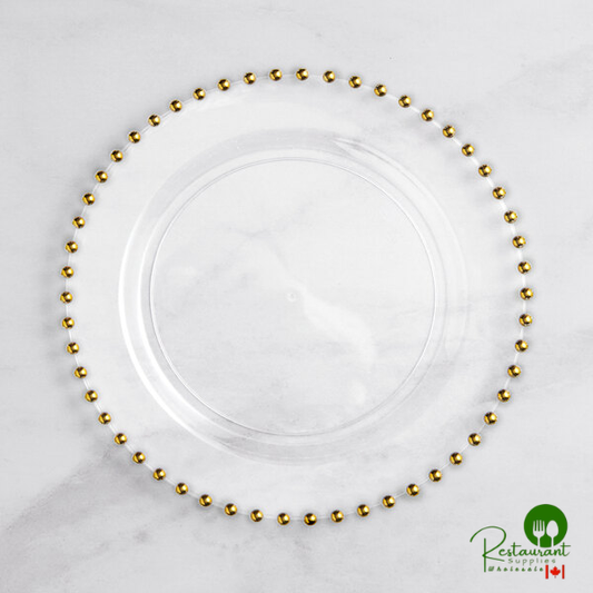 Beaded 9" Clear Round Plastic Plate with Gold Beaded Rim By Prime - 120/Case