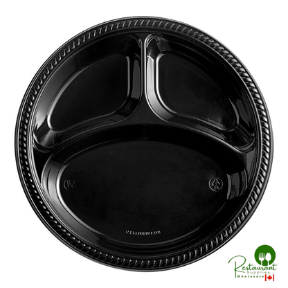 10 1/4" 3-Compartment Black Plastic Plate By Prime - 500/Case