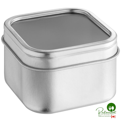 2 3/8" x 2 3/8" x 1 3/8" Silver Square Tin with Clear Window Lid - 1,440/Case