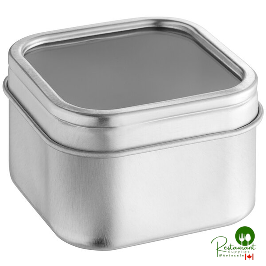 2 3/8" x 2 3/8" x 1 3/8" Silver Square Tin with Clear Window Lid - 1,440/Case | Canada