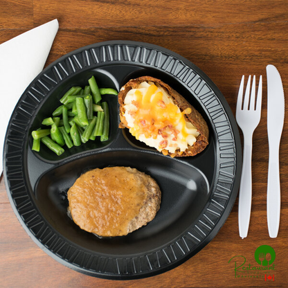 Dart 10CPBQR Quiet Classic 10 1/4" 3 Compartment Black Laminated Round Foam Plate - 500/Case